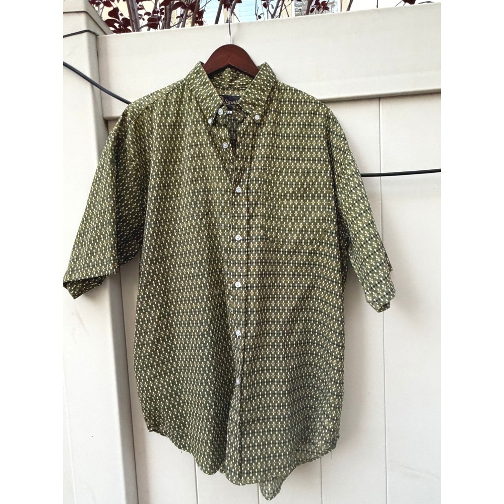 Samis Collection Mens Short Sleeve Button Down Shirt Olive Green Geometric Large - Picture 1 of 3